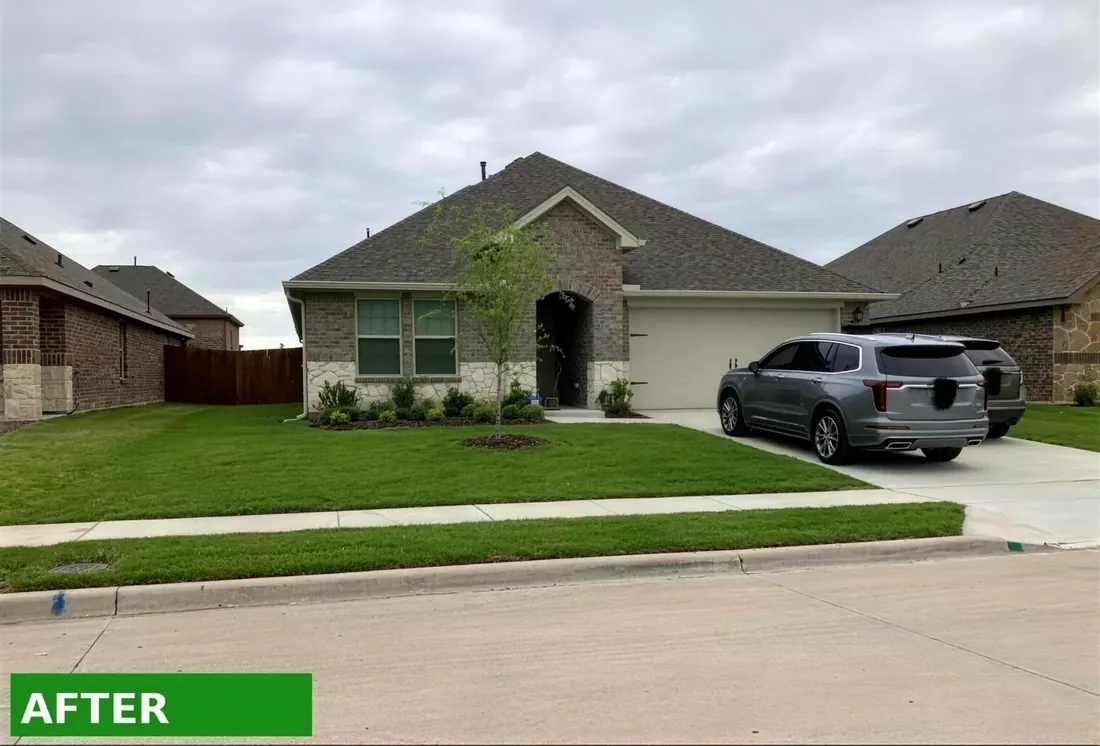 New-build front lawn after Mahalic and Sons install and mowing, thick green turf